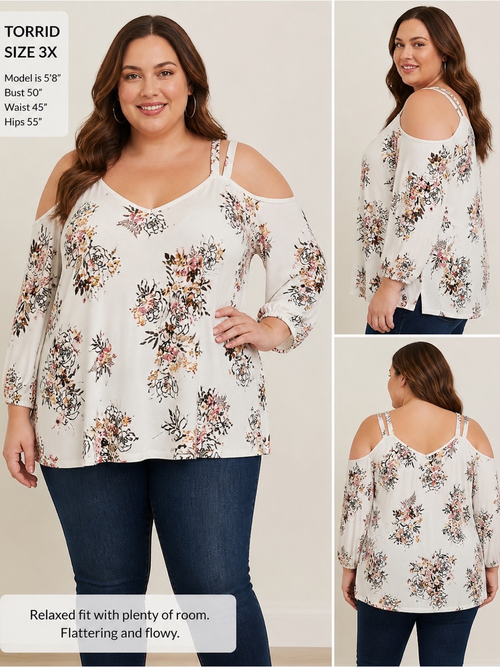 Torrid Top Blouse Womans Plus 3X Floral Knit Crepe Cold Shoulder Cutout V Neck